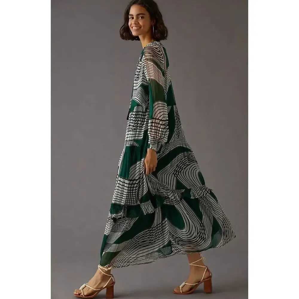 Anthropologie XS Marais Geometric Printed Sheer Chiffon Maxi Dress Boho Green - Picture 3 of 13